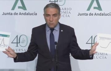 El portavoz del Gobierno andaluz, Elías Bendodo, muestra las gráficas del repunte de COVID19