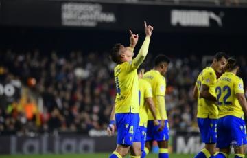 Celebración tras el gol en Mestalla