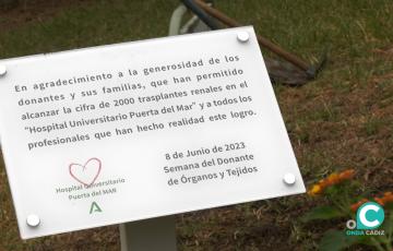 Placa conmemorativa ubicada en la zona ajardinada del Puerta del Mar