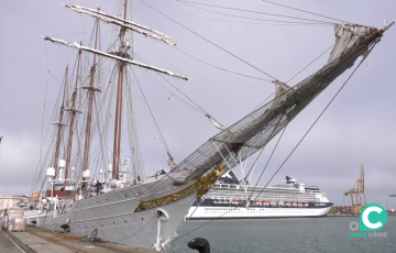 El buque Juan Sebastián Elcano en el muelle de Cádiz
