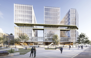 El edificio se compone de tres torres de ocho plantas y una plaza pública. 