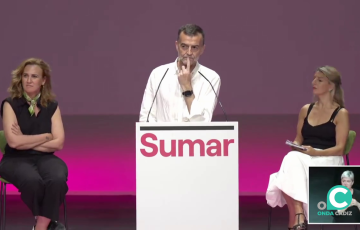 El coordinador federal de IU interviene en un reciente mitin de campaña para las europeas.