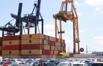 Grúas y contenedores en el puerto de Cádiz.