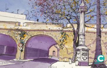 El Torreón de las Puertas de Tierra, dibujado en la nueva exposición en el Colegio de Arquitectos de Cádiz. 