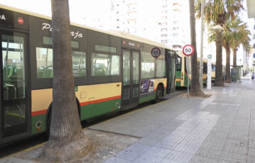 Vehículos de transporte urbano en la parada del Pabellón Ciudad de Cádiz