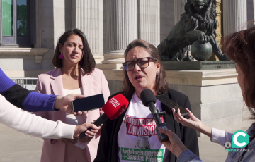 Esther Gil de Reboleño atiende a los medios ante la puerta de la Cámara Baja en Madrid
