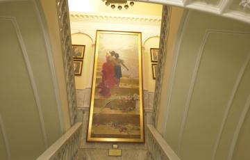 El cuadro "España llevando a la Gloria a Filipinas" situado en la escalinata central del Ayuntamiento de Cádiz 