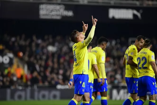 Celebración tras el gol en Mestalla
