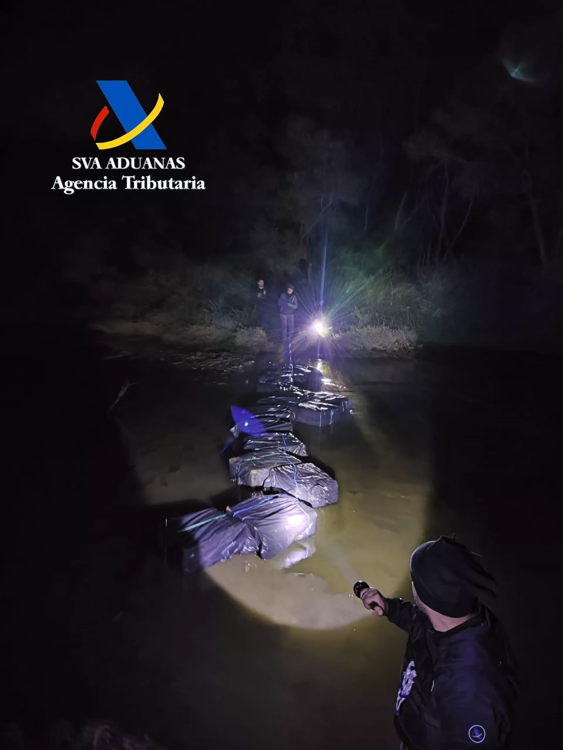 Un funcionario de Vigilancia Aduanera de la Agencia Tributaria inspecciona el género incautado