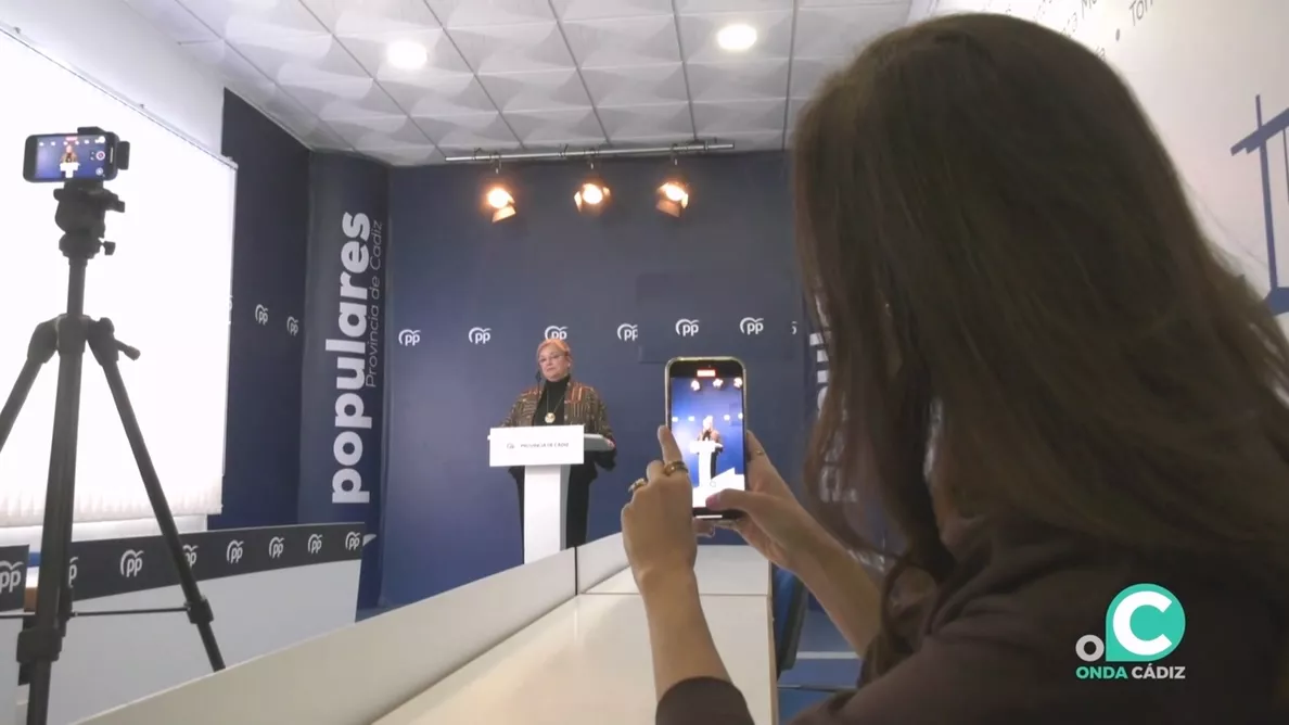 La portavoz del grupo popular en la Comisión de Empleo, Empresa y Trabajo Autónomo del Parlamento de Andalucía, María José de Alba,  durante la rueda de prensa