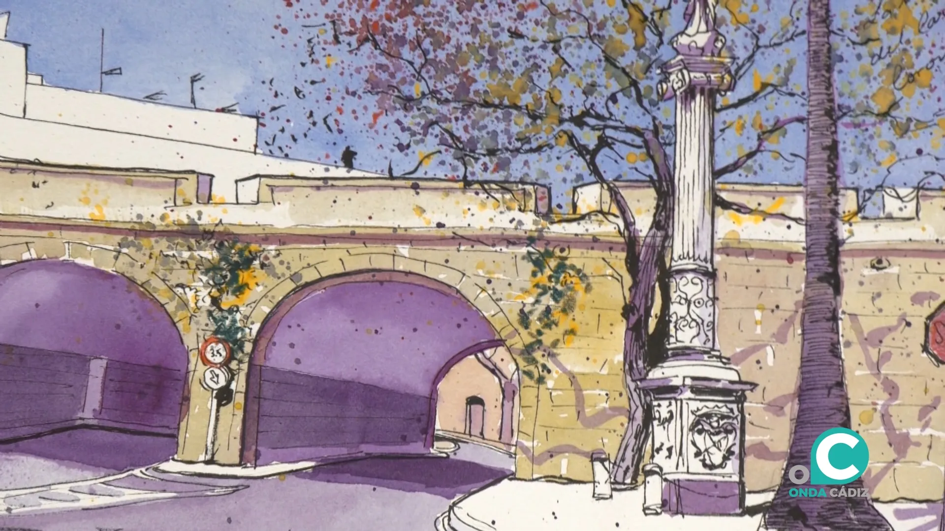 El Torreón de las Puertas de Tierra, dibujado en la nueva exposición en el Colegio de Arquitectos de Cádiz. 