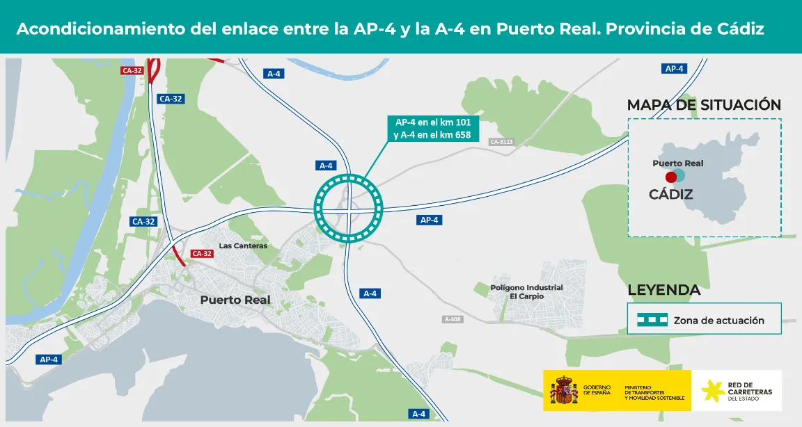 Proyecto de trazado y construcción para la mejora y acondicionamiento del enlace entre la AP-4 (km 101) y la A-4 (km 658), en Puerto Real.