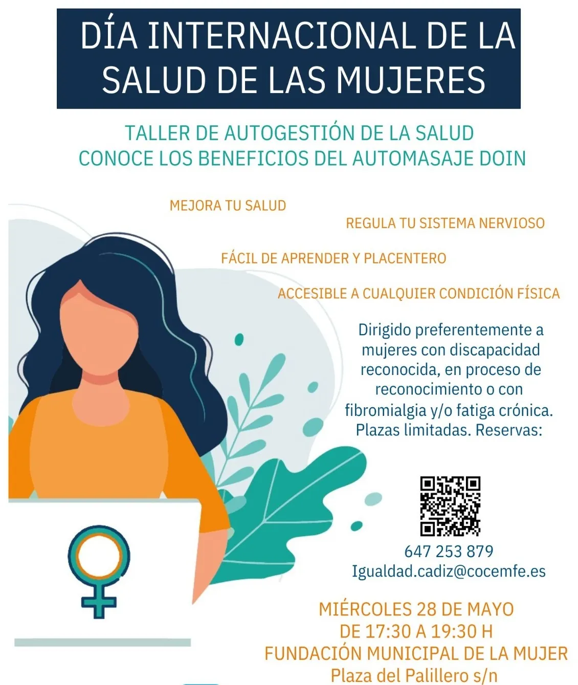 Cartel del taller de automasaje doin que se celebrará el próximo miércoles 28 de mayo.