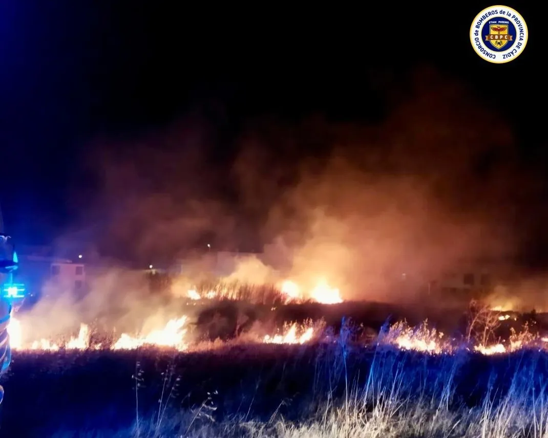 Incendio de pastos en Chiclana este sábado.