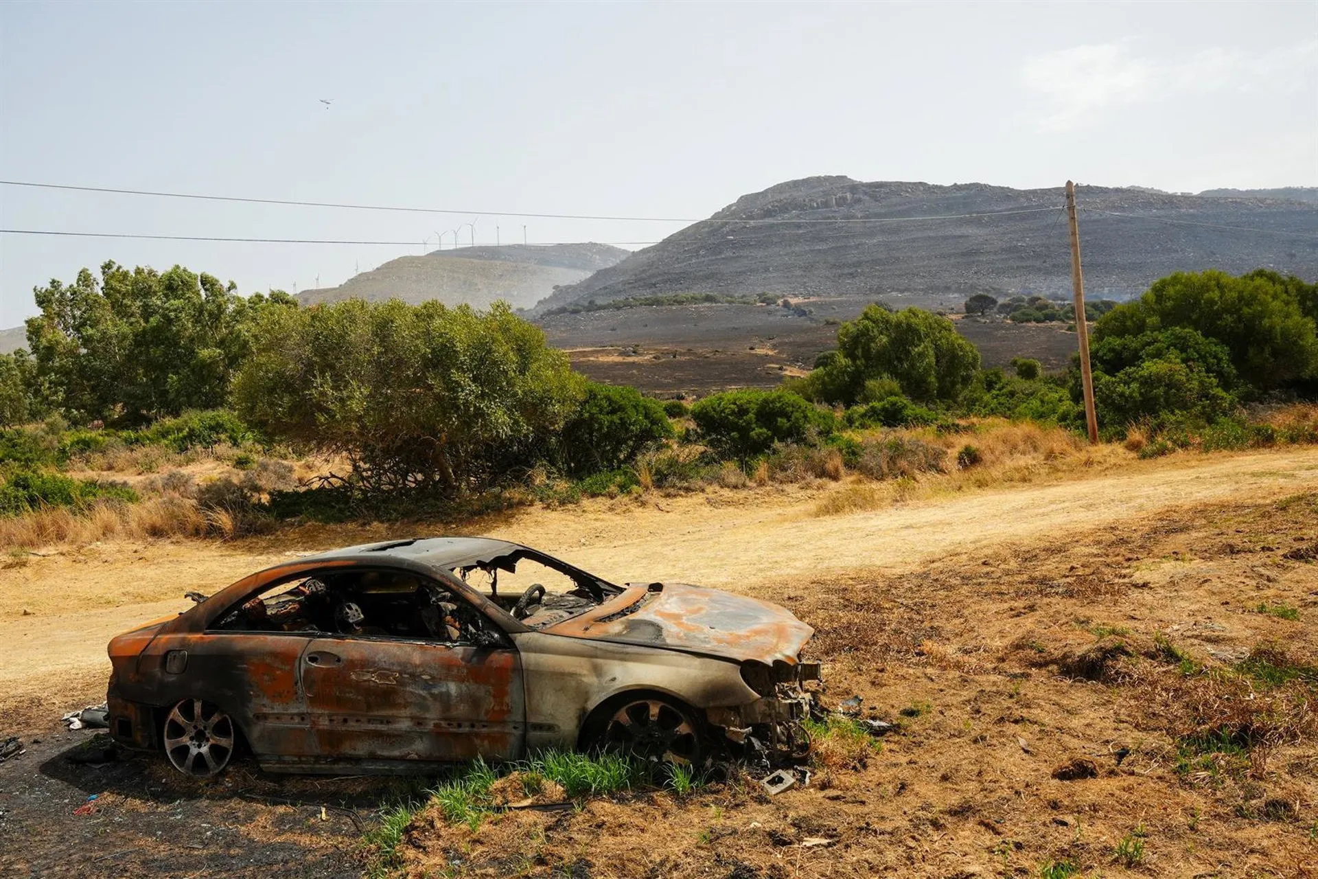 Vegetación y coche calcinado por las llamas en el lugar del siniestro