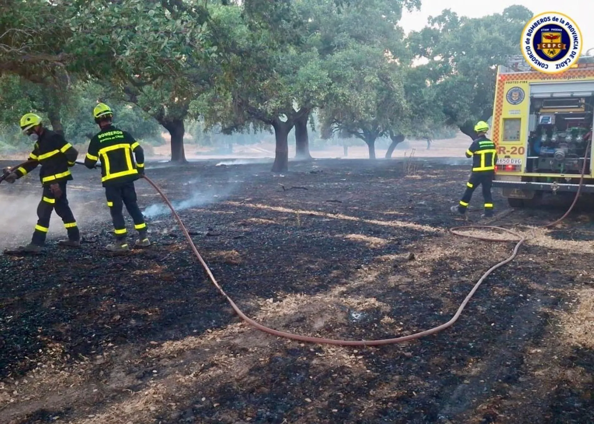 Bomberos actuando en el incendio declarado el miércoles en Jerez.