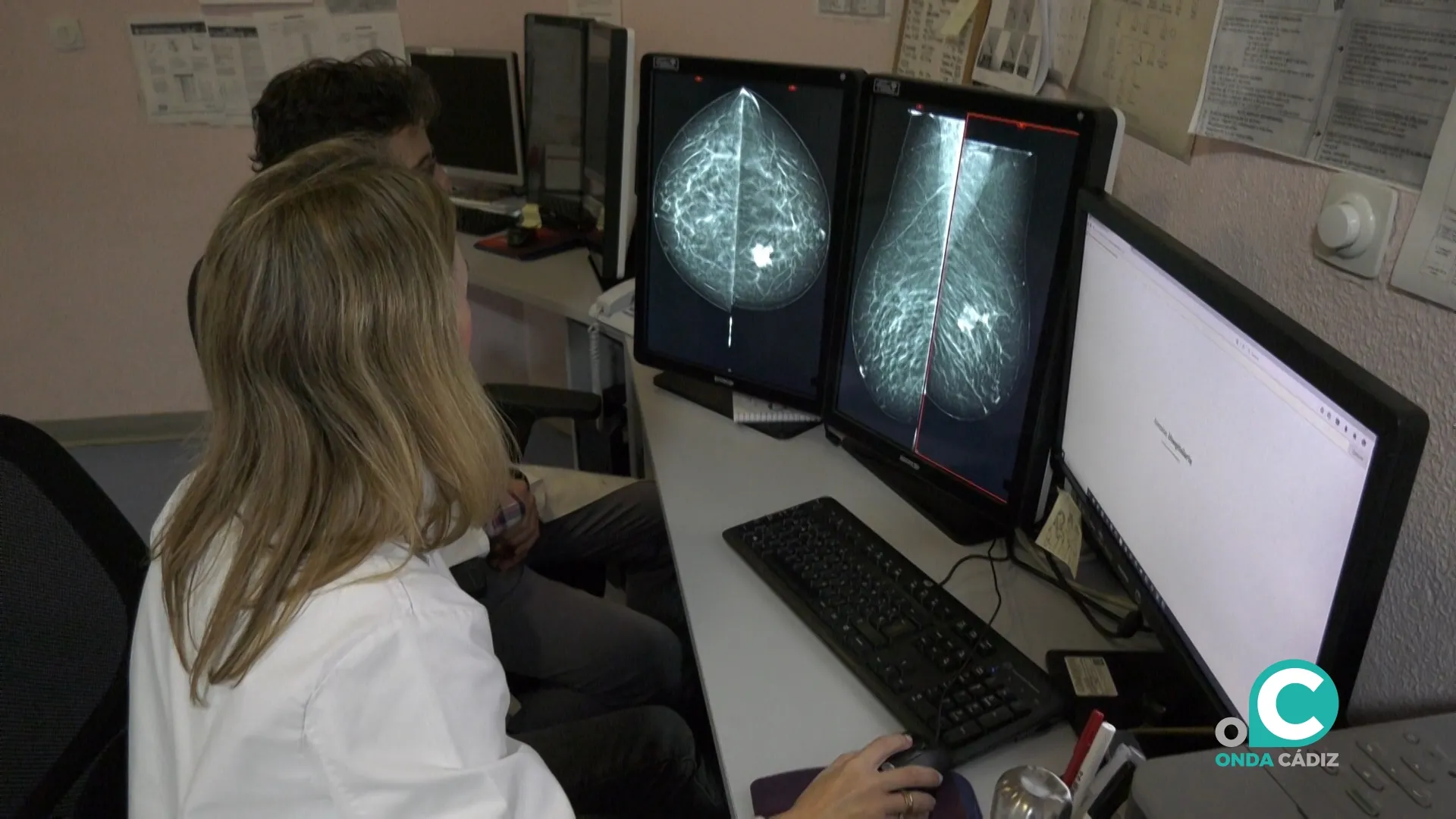 Una profesional sanitaria revisa pruebas de cribado de cáncer de mama. 