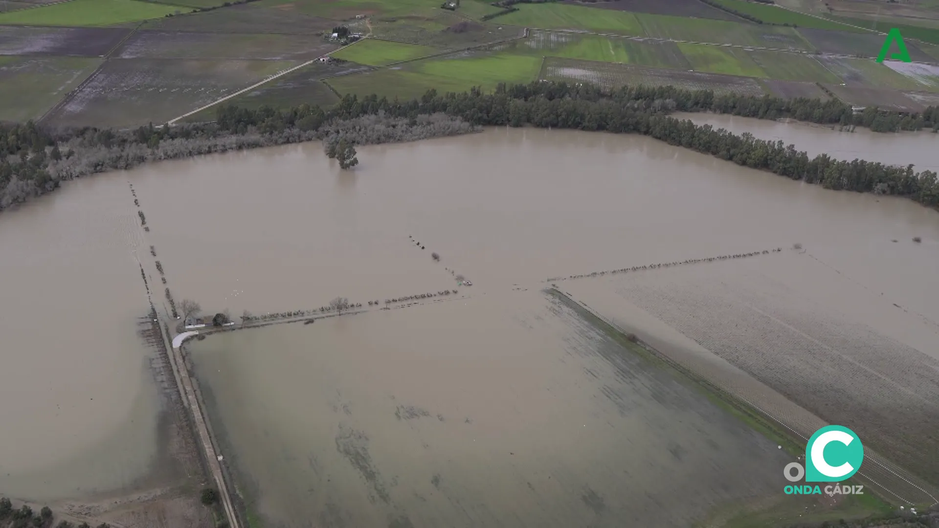 Zonas de cultivo anegadas por el agua por los efectos de las pasadas lluvias en una vista aerea