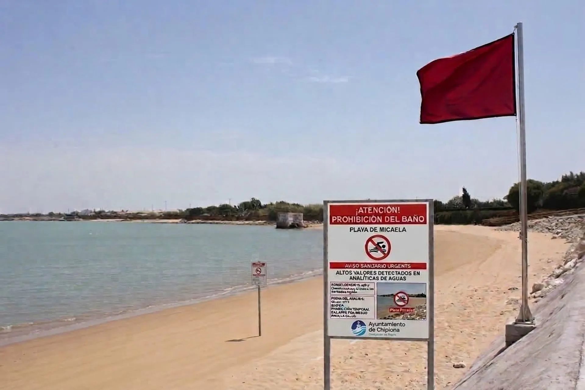 Playa de Micaela en Chipiona con bandera roja tras detectarse bacterias en el agua